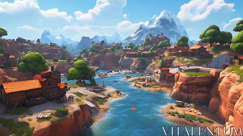 Alpine Village Nestled Among Peaks and Canyon Stream.