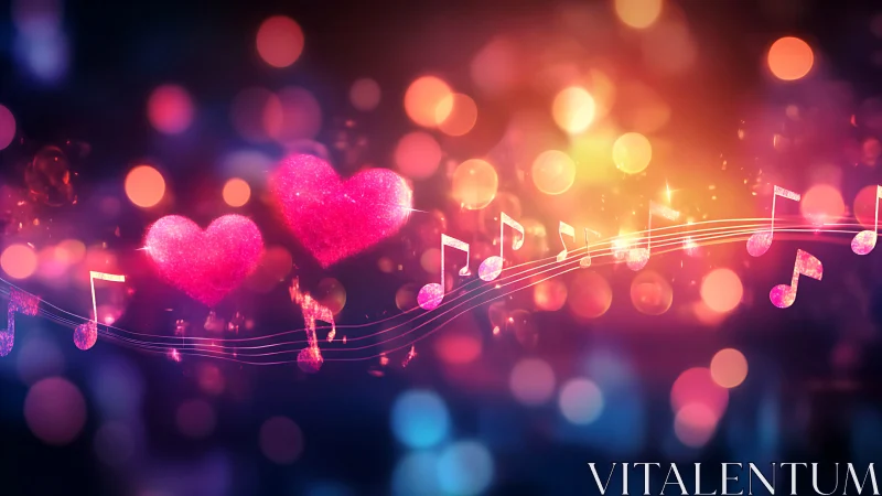 Glowing hearts and music notes on abstract bokeh background.