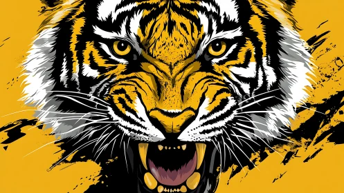 Stylized frontal tiger head with open jaws on yellow field.
