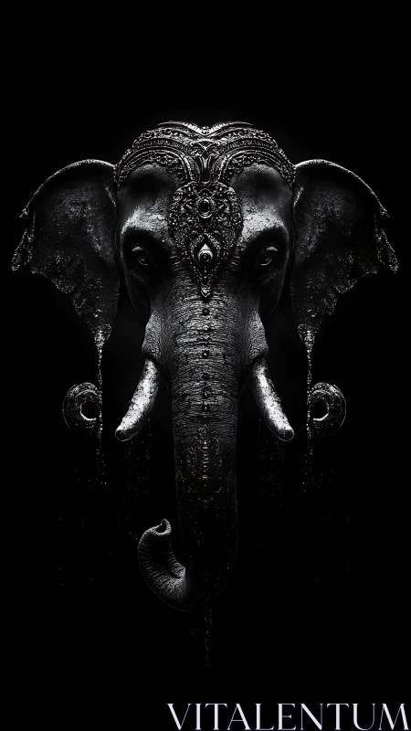 Midnight monarch elephant crowned in ornate shadowed silver.