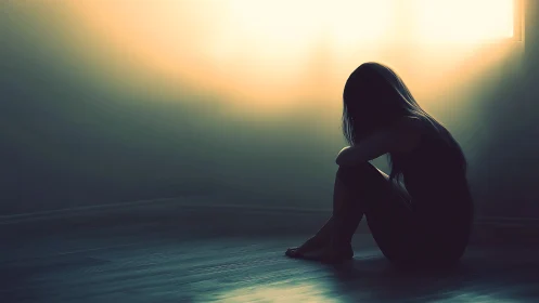 Solitary silhouette cradling silence in a flooded sunrise glow.