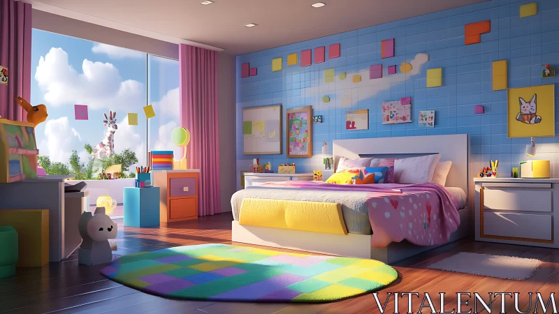 Colorful children’s bedroom with bright decor and daylight