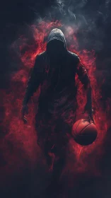 Hooded court phantom strides through burning crimson smoke.