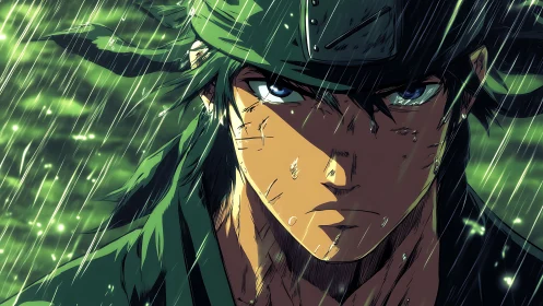 Stormlit warrior close-up under relentless falling rain.