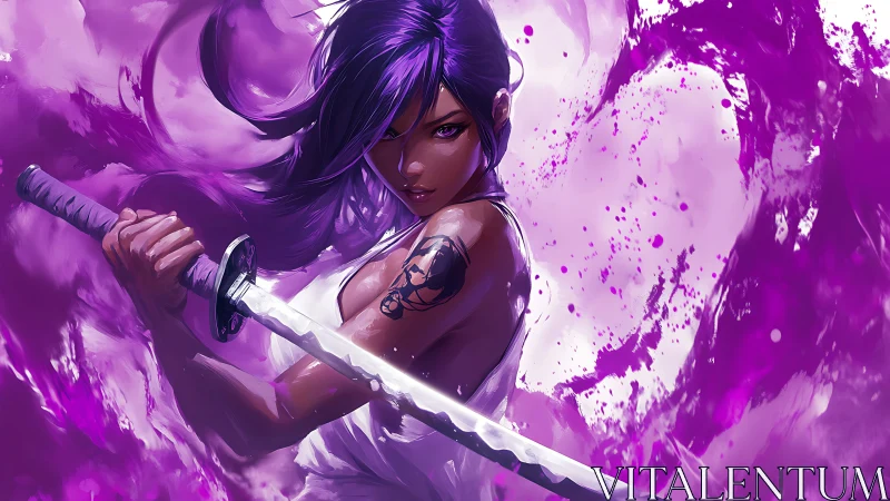 Purple-haired katana warrior in dynamic ink-splash vortex