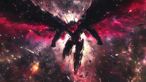 Fierce cosmic mech with blazing wings in radiant flight.
