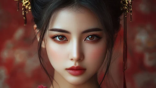 Intense portrait of noble woman in ornate red setting.