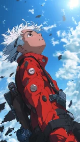 Skybound wanderer in red coat silently studies falling ash