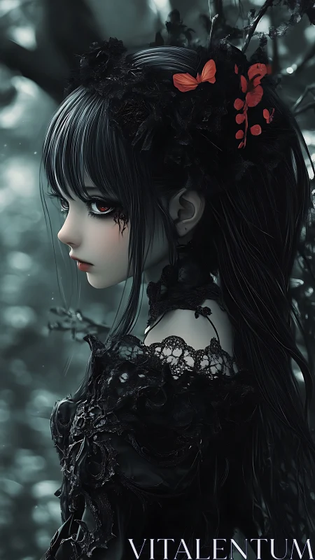 Gothic anime girl in black lace with crimson accents profile.