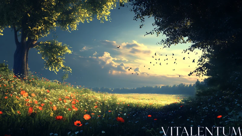 Sunlit meadow with wildflowers and distant flying birds.