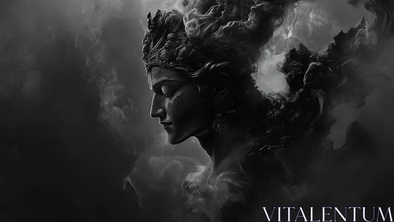 Monochrome side profile of sculptural figure in smoke.