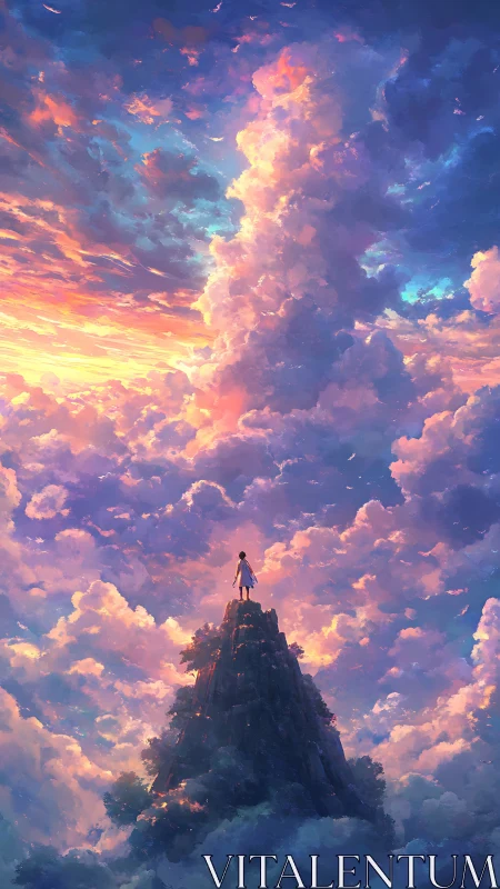 Digital painting of lone figure on summit amid radiant clouds.