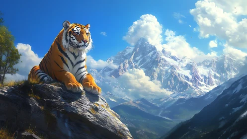 Tiger resting on rocky ledge above expansive mountainscape.