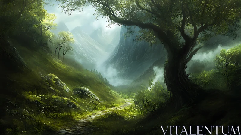 Mountain Valley with Ancient Tree and Misty Peak