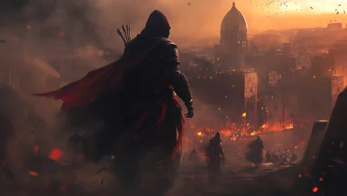 Hooded figure observing burning fortified city at dusk.