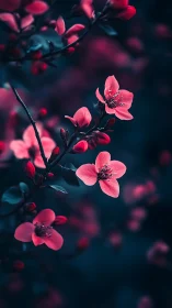 Neon Pink Cherry Blossoms Against Dark Blue Backdrop