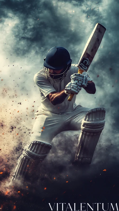Cricket batsman drives ball through smoky dramatic stadium scene