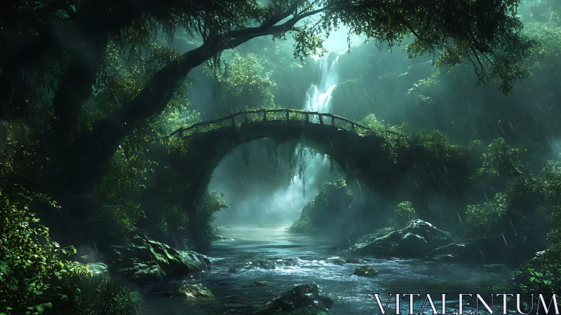Digital painting of misted forest bridge and waterfall at dusk.