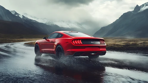 Crimson muscle car carves wet mountain road under brooding skies