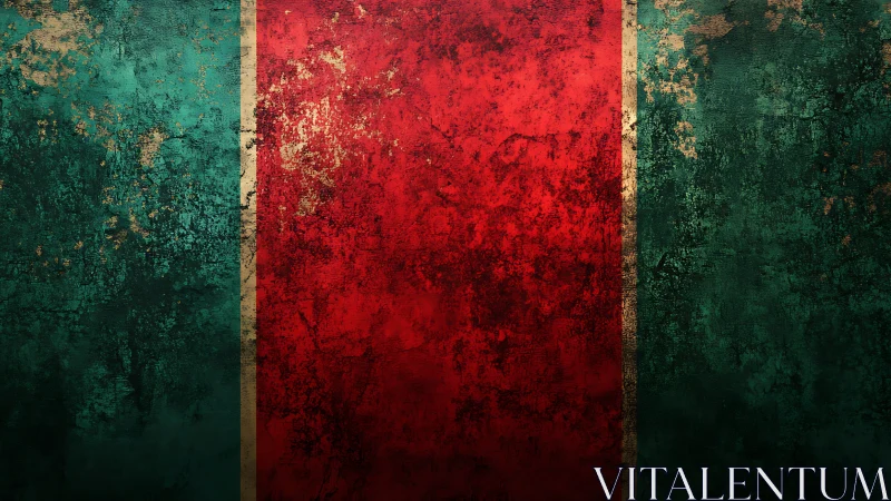 Weathered crimson banner framed by aging teal walls.