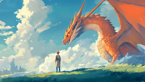 Young traveler confronts massive orange dragon on hilltop