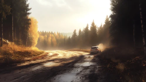 Sunlit forest rally car speeds along wet autumn dirt road