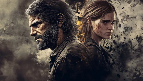 Grim wanderers back to back in storm of fractured ash.