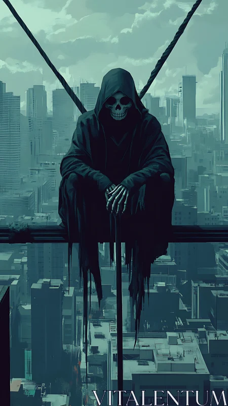 Hooded skeletal figure perched above dense monochrome megacity