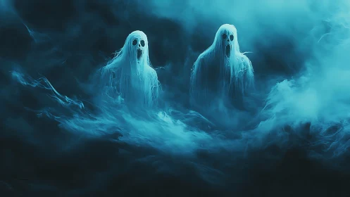 Gentle ghosts drifting through a dreamy teal mist.