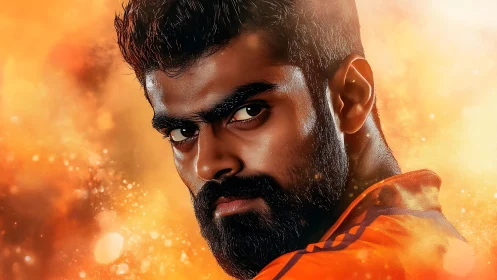 Fierce gaze in glowing orange, a portrait full of fire.