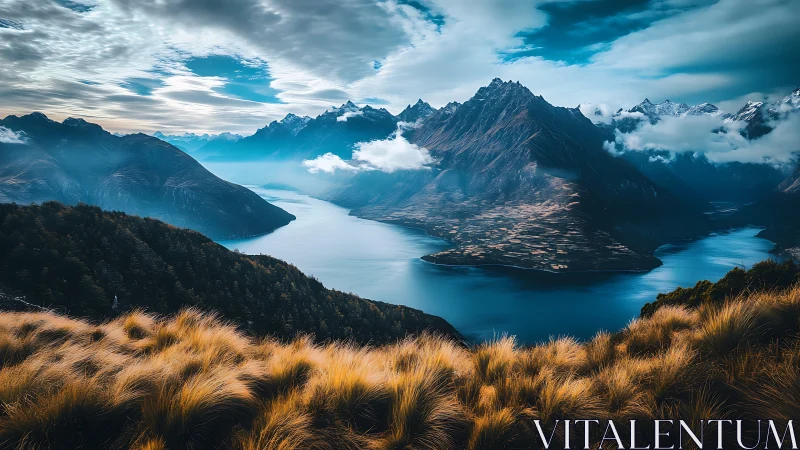 Mountain lake valley under dramatic clouded sky at dusk.