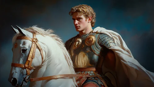 Young armored rider stares ahead beside white warhorse