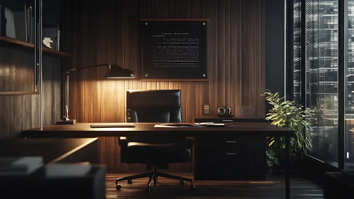 Modern executive office with wood panel walls and desk.