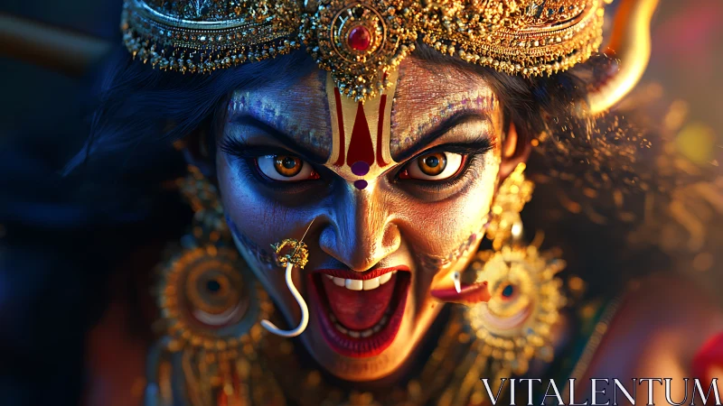 Fierce divine warrior queen blazing in molten gold and fire.