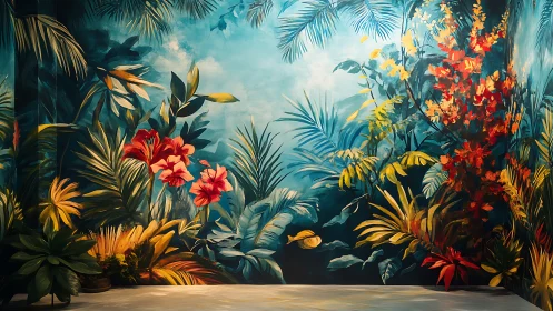 Wall-scale tropical foliage mural with dense painted flora.
