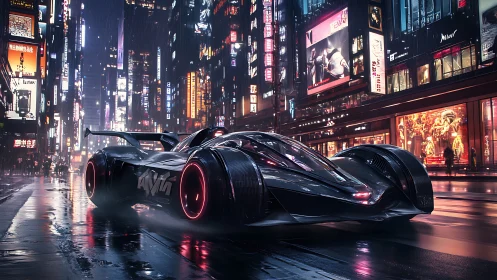 Futuristic hypercar slices through neon soaked cyberpunk avenue.