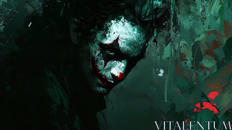 Clown-faced figure in dark green abstract environment.