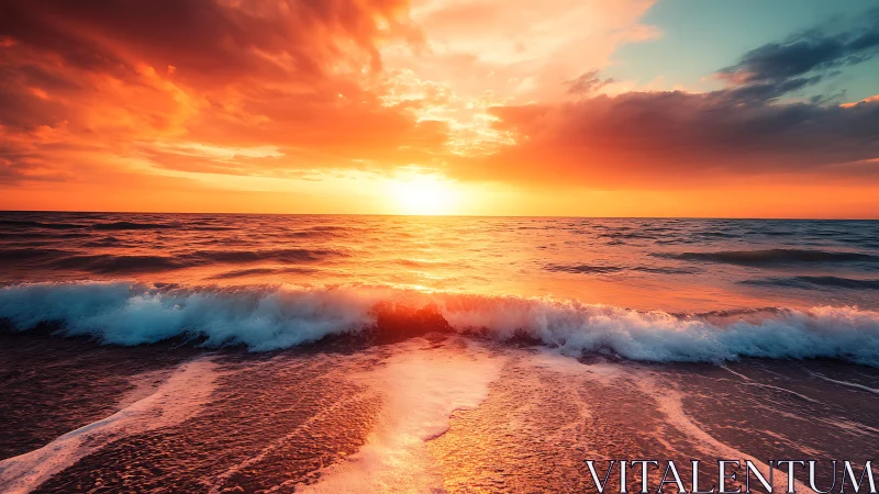 Sunset light over shoreline waves and reflective sea surface.