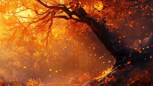 Autumn tree glows in blazing golden backlight at sunset