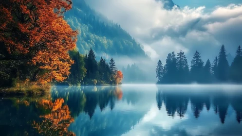 Misty mountain lake with autumn forest reflections at dawn.