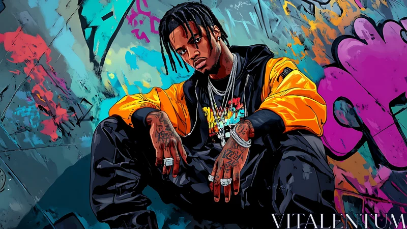 Neon alley poet in blazing jacket amid graffiti storms.