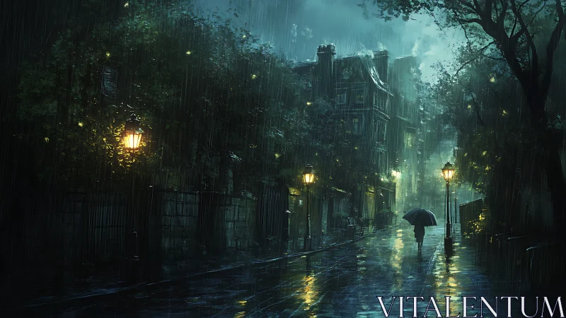 Solitary figure walks rainlit city street under lamps.