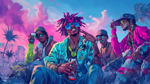 Neon street crew under tropical sunset sky scene.