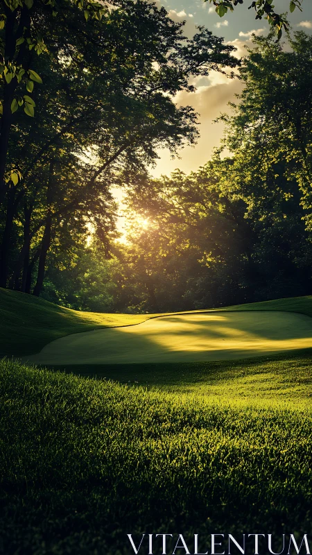 Sunlit golf green framed by dense late afternoon trees.