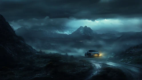 Storm-laden mountain pass with lone car and cinematic glow.
