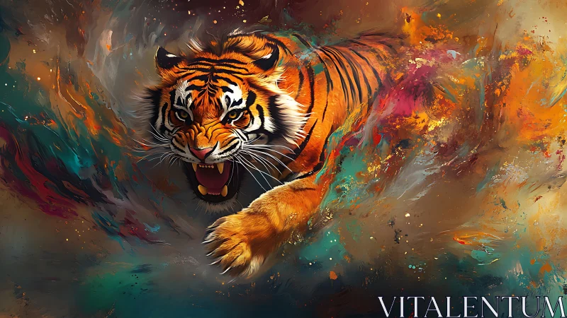 Roaring tiger bursts through swirling abstract color storm.