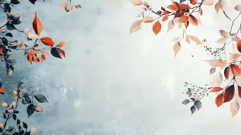 Branches with red-toned leaves frame a pale textured background