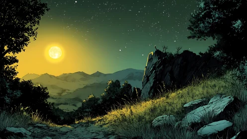 High-contrast moonlit ridge with layered mountains and star field