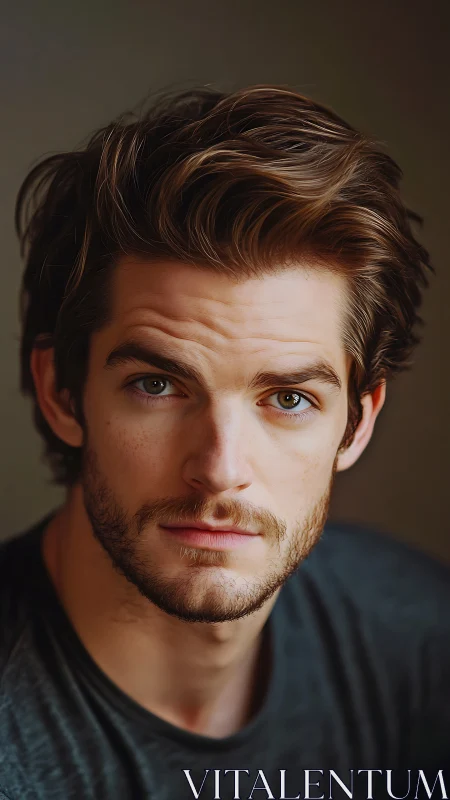 Brooding hazel-eyed portrait under soft ember light glow.