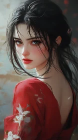 Crimson kimono gaze with windswept hair and quiet fire.